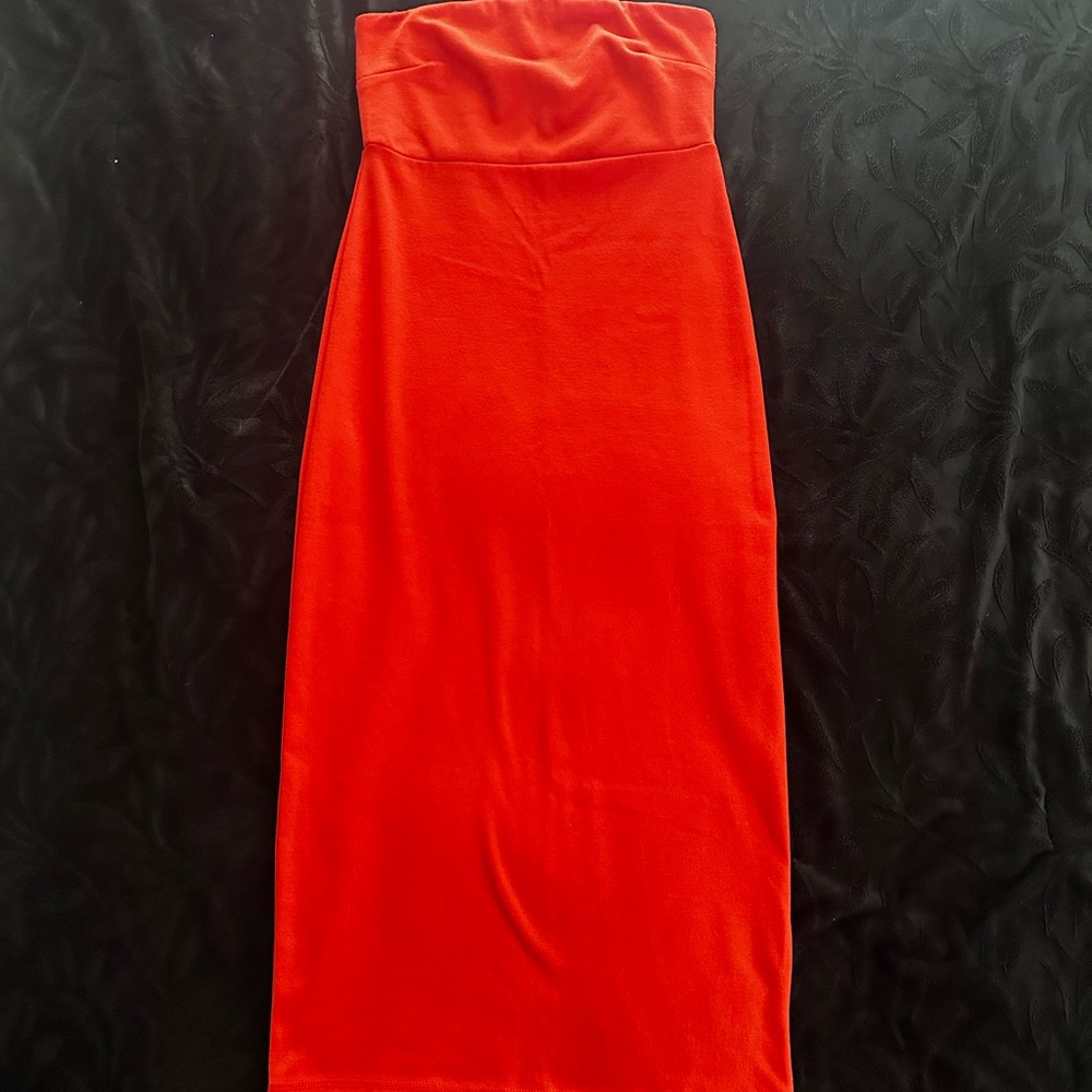 Strapless Coral Orange Midi Dress